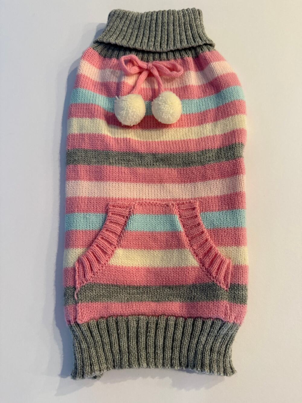 Smoochie Poochie Size Medium Striped Knit Dog Sweater - Pink Blue Gray Pom Poms